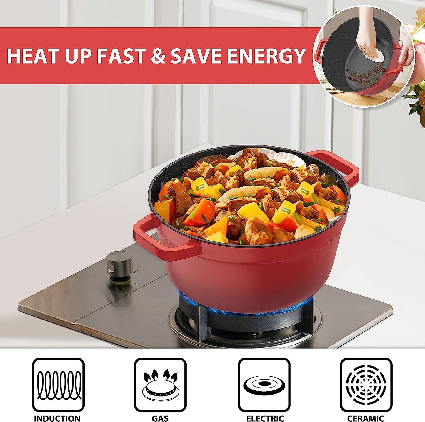 Royalty Line RL-OS1014M RED: 17 Pieces Die Cast Aluminum Marble Coated Cookware Set - Red