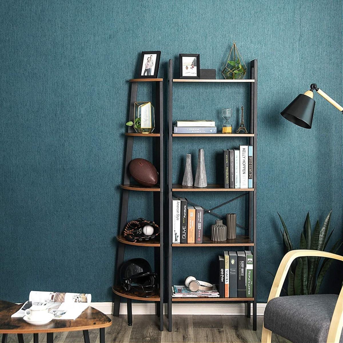 Rustic style bookcase with 5 shelves, metal loft frame
