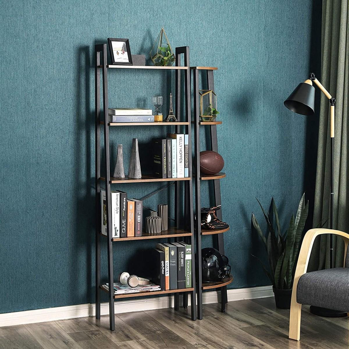 Rustic style bookcase with 5 shelves, metal loft frame