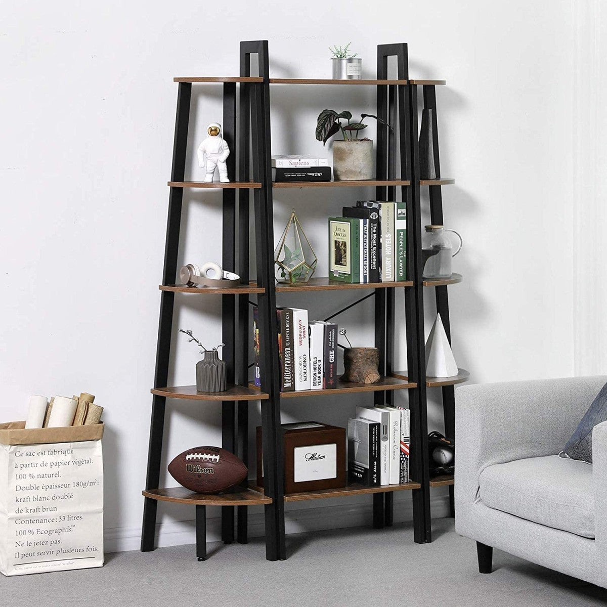 Rustic style bookcase with 5 shelves, metal loft frame