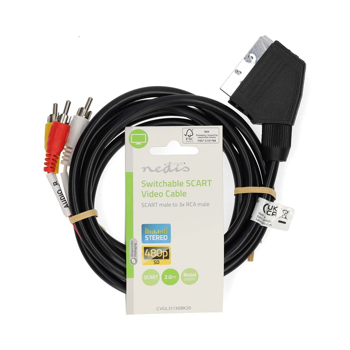 SCART Cable | SCART Male | 3x RCA Male | Nickel Plated | Switchable | 480p | 2.00 m | Round | PVC | Black | Label