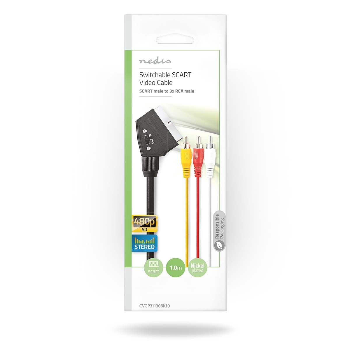 SCART cable | SCART Male | 3x RCA Male | Nickel Plated | Interchangeable | 480p | 1.00 m | Round | PVC | Black | Plastic bag