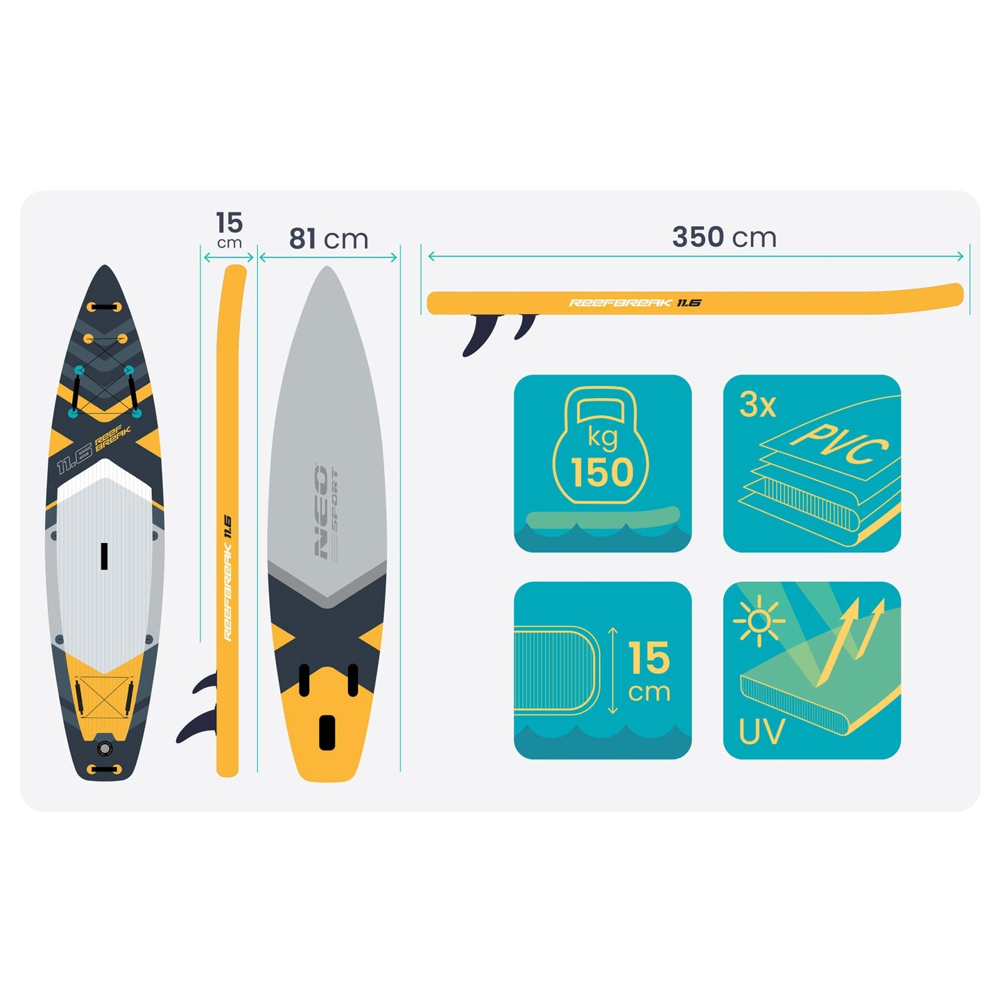SUP Board, 350 x 81 x 15 cm, Neo-Sport Material