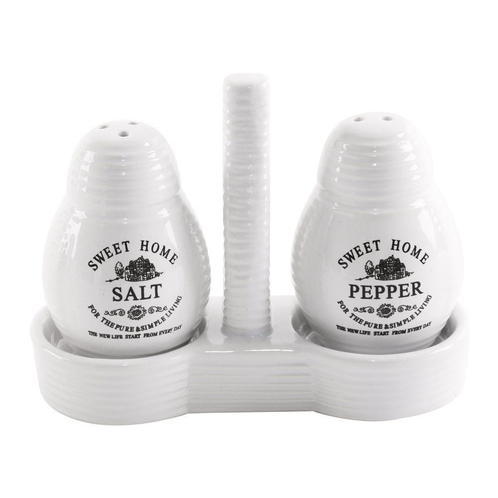 SWEET HOME 3-piece ceramic salt and pepper shaker with stand