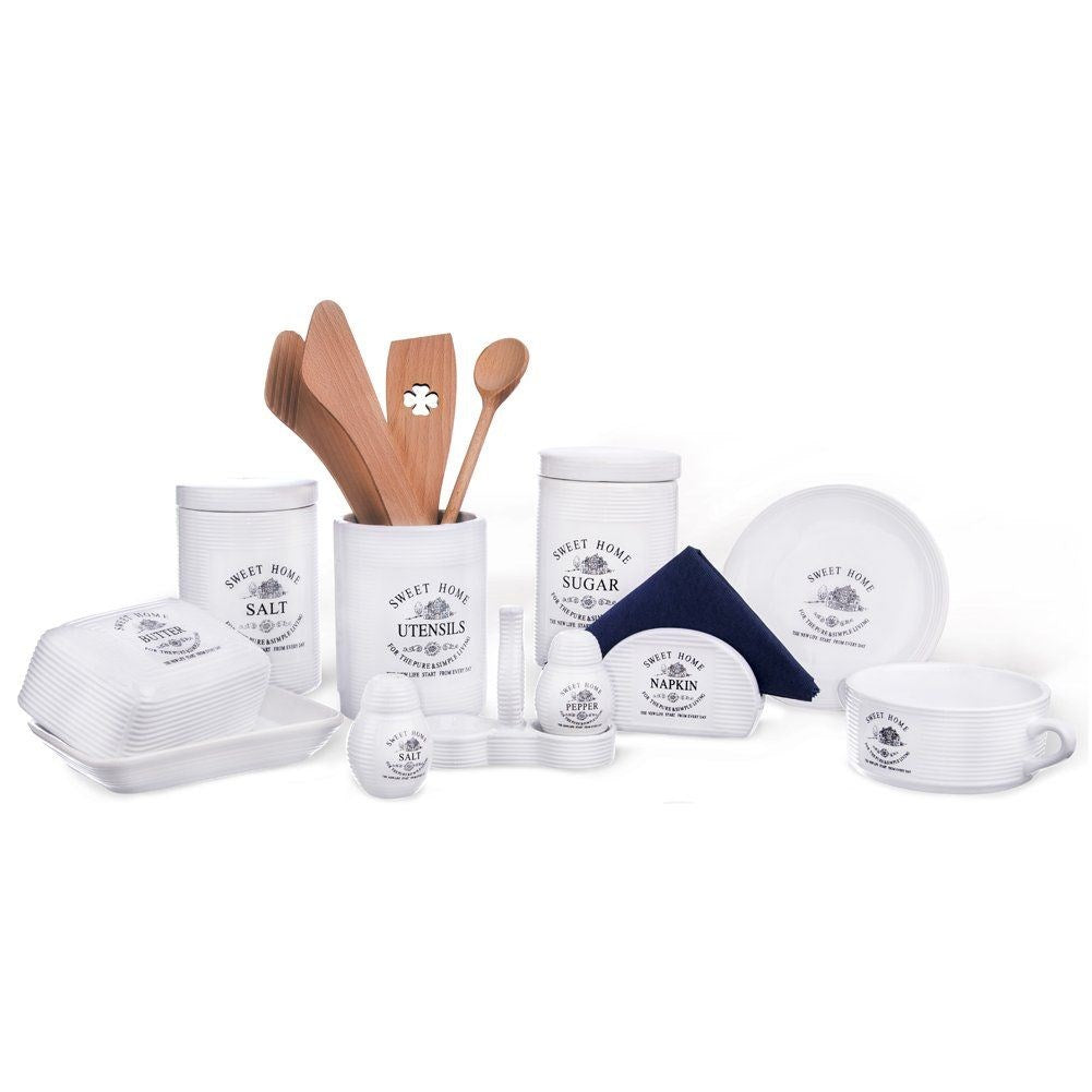 SWEET HOME 3-piece ceramic salt and pepper shaker with stand