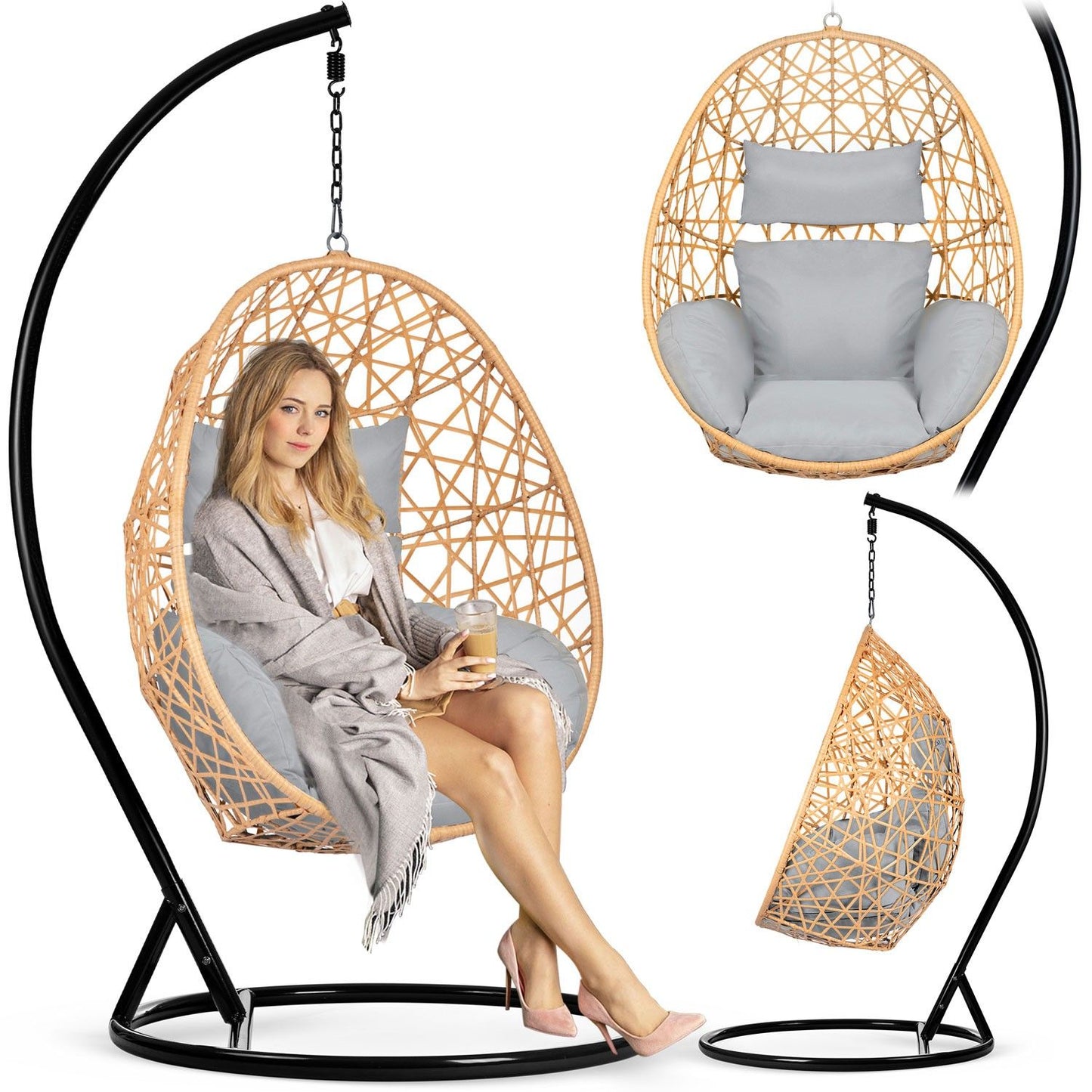 Sabana light brown hanging garden chair + grey cushions Sofotel