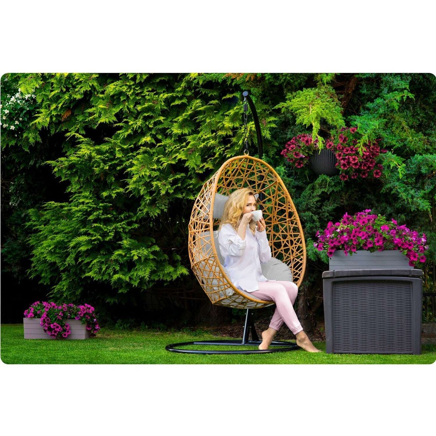 Sabana light brown hanging garden chair + grey cushions Sofotel
