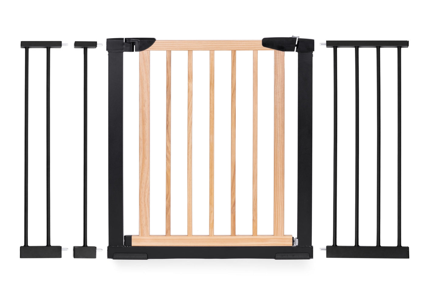 Safety gate barrier, 74-130 cm, for stairs and doors, metal and wood, additional panels
