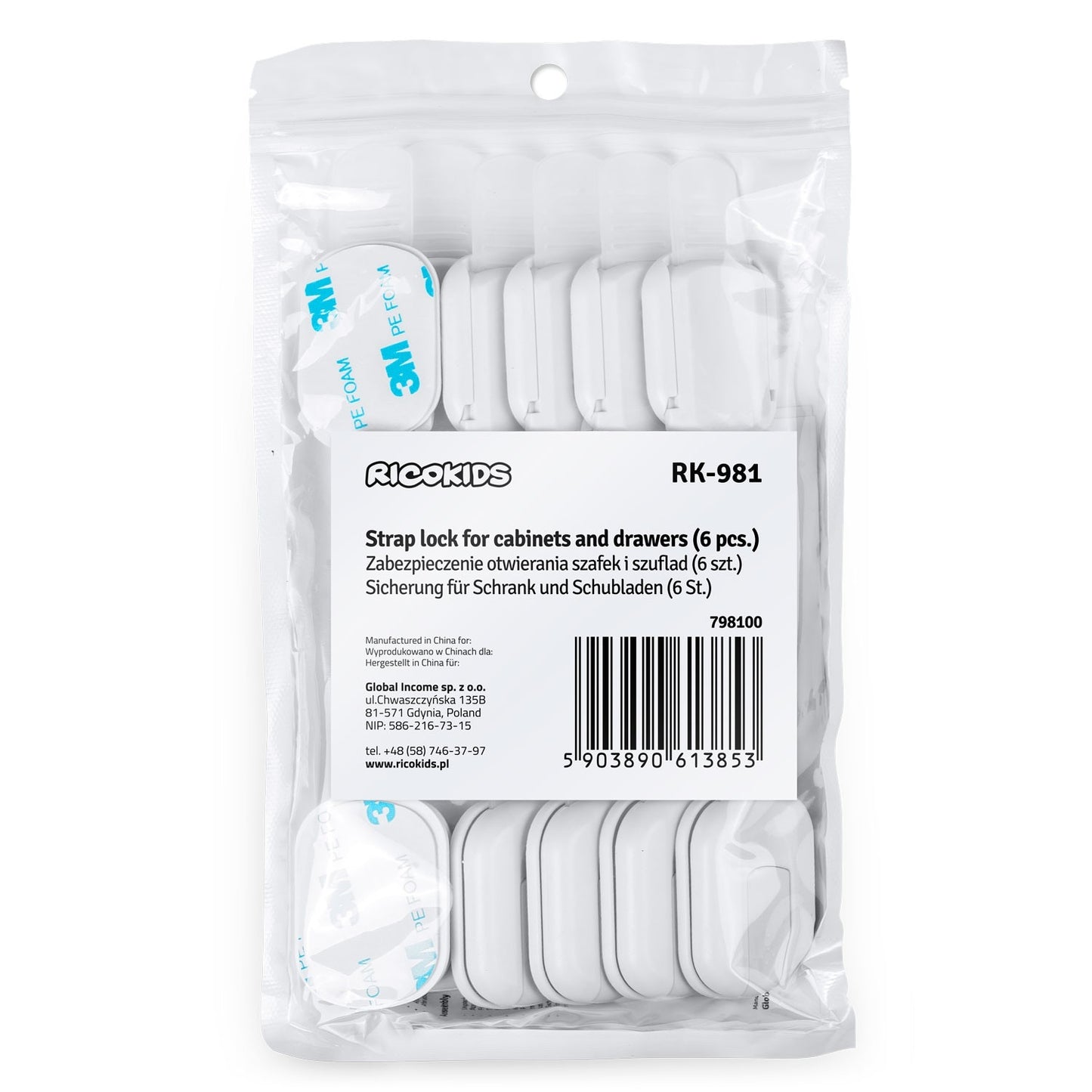 Safety lock for cabinet doors Ricokids 798100, 6-pack, white