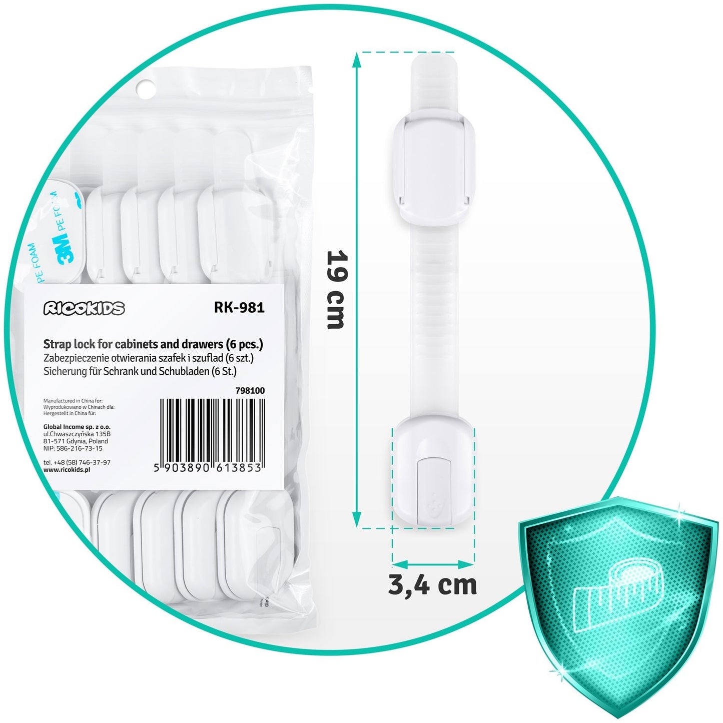 Safety lock for cabinet doors Ricokids 798100, 6-pack, white