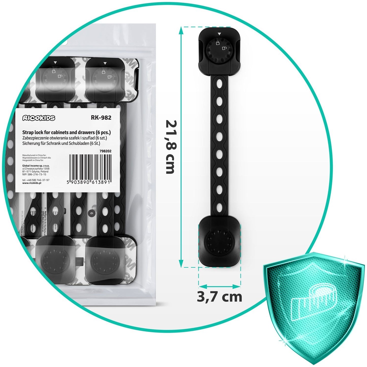 Safety lock for cabinets Ricokids 798202, 6-pack, Black