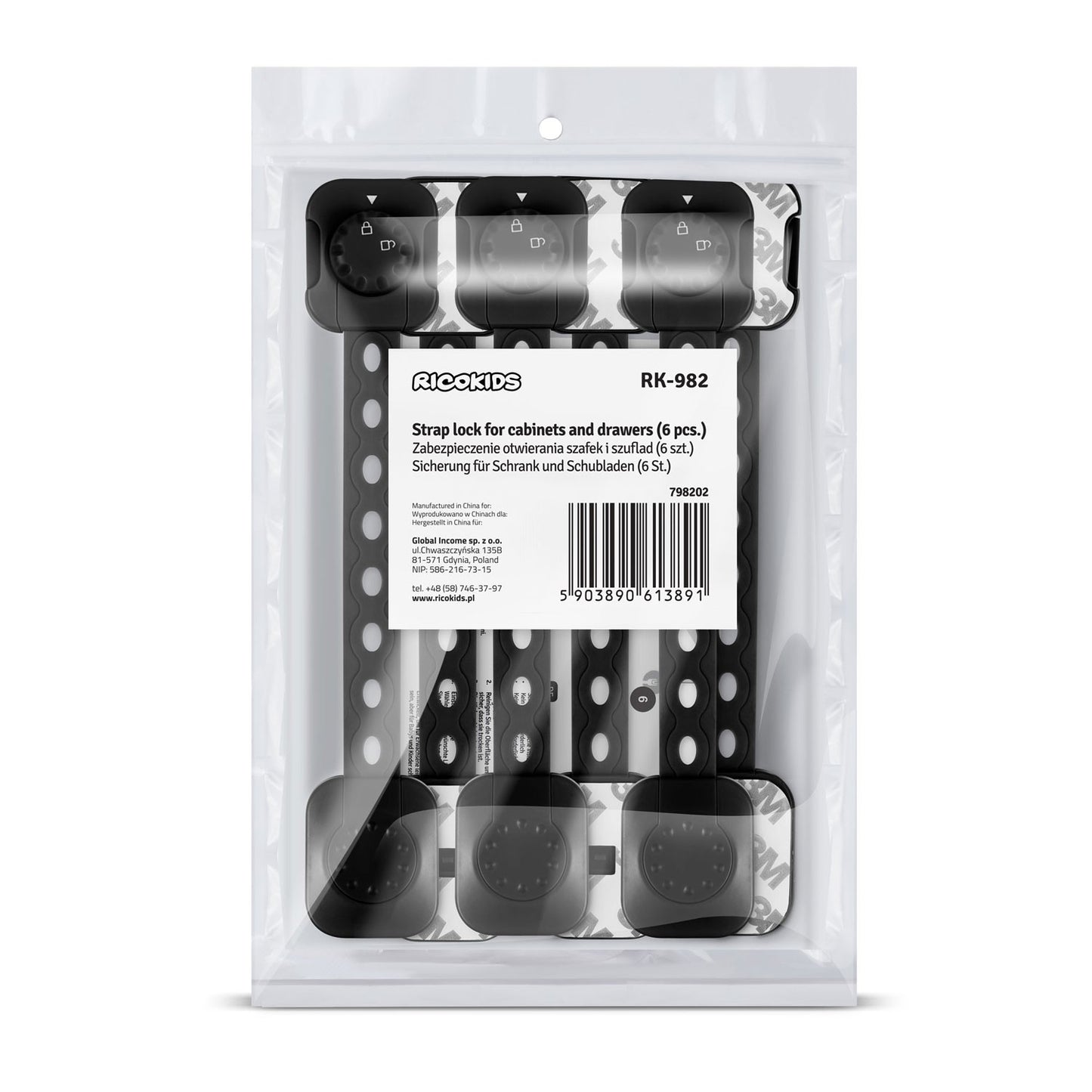 Safety lock for cabinets Ricokids 798202, 6-pack, Black