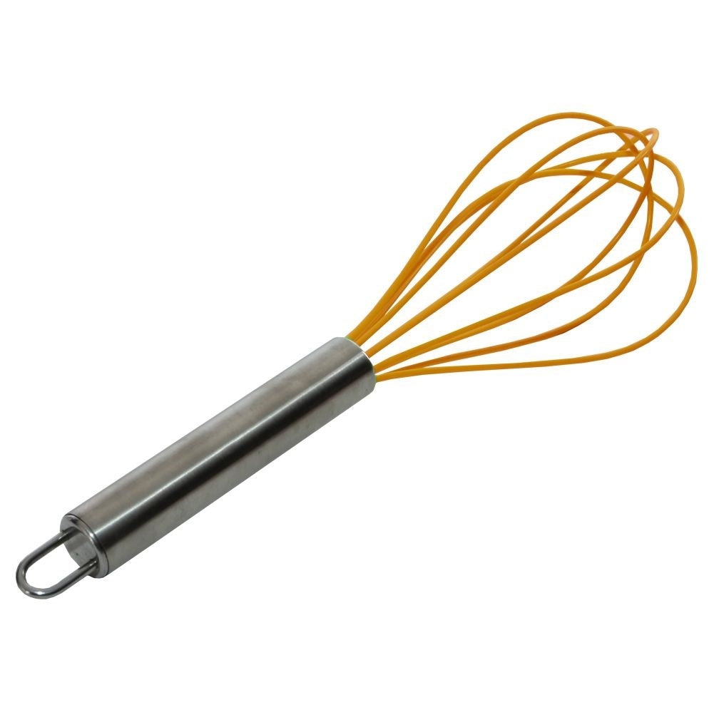 Safe whisk for eggs, dough and sauce with silicone covered threads