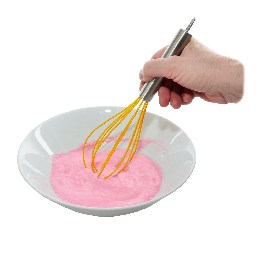 Safe whisk for eggs, dough and sauce with silicone covered threads