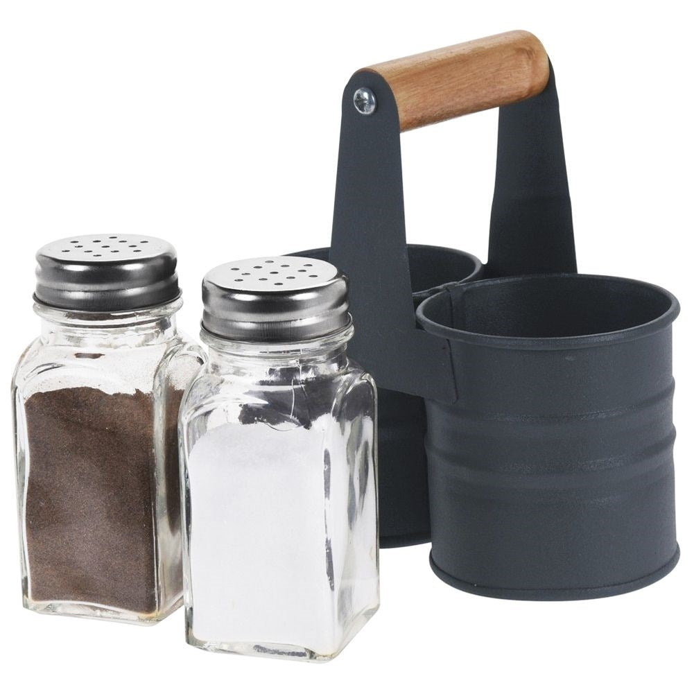 Salt and Pepper Shakers in Glass with Metal Stand