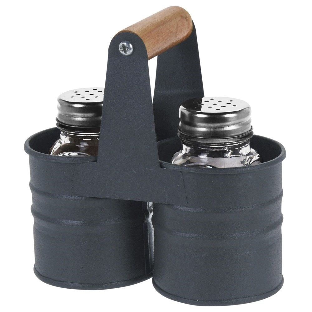 Salt and Pepper Shakers in Glass with Metal Stand