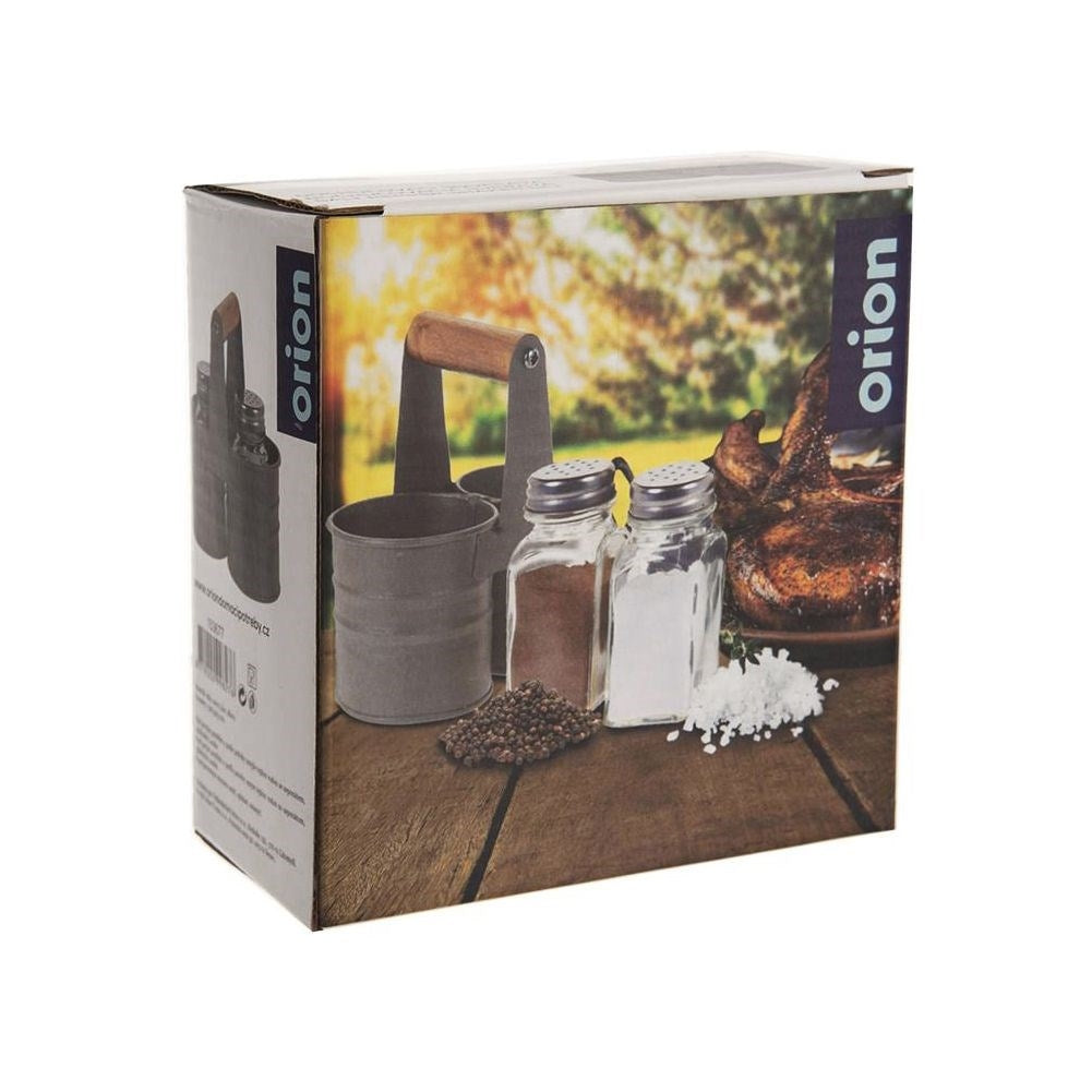 Salt and Pepper Shakers in Glass with Metal Stand