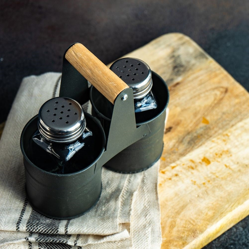 Salt and Pepper Shakers in Glass with Metal Stand