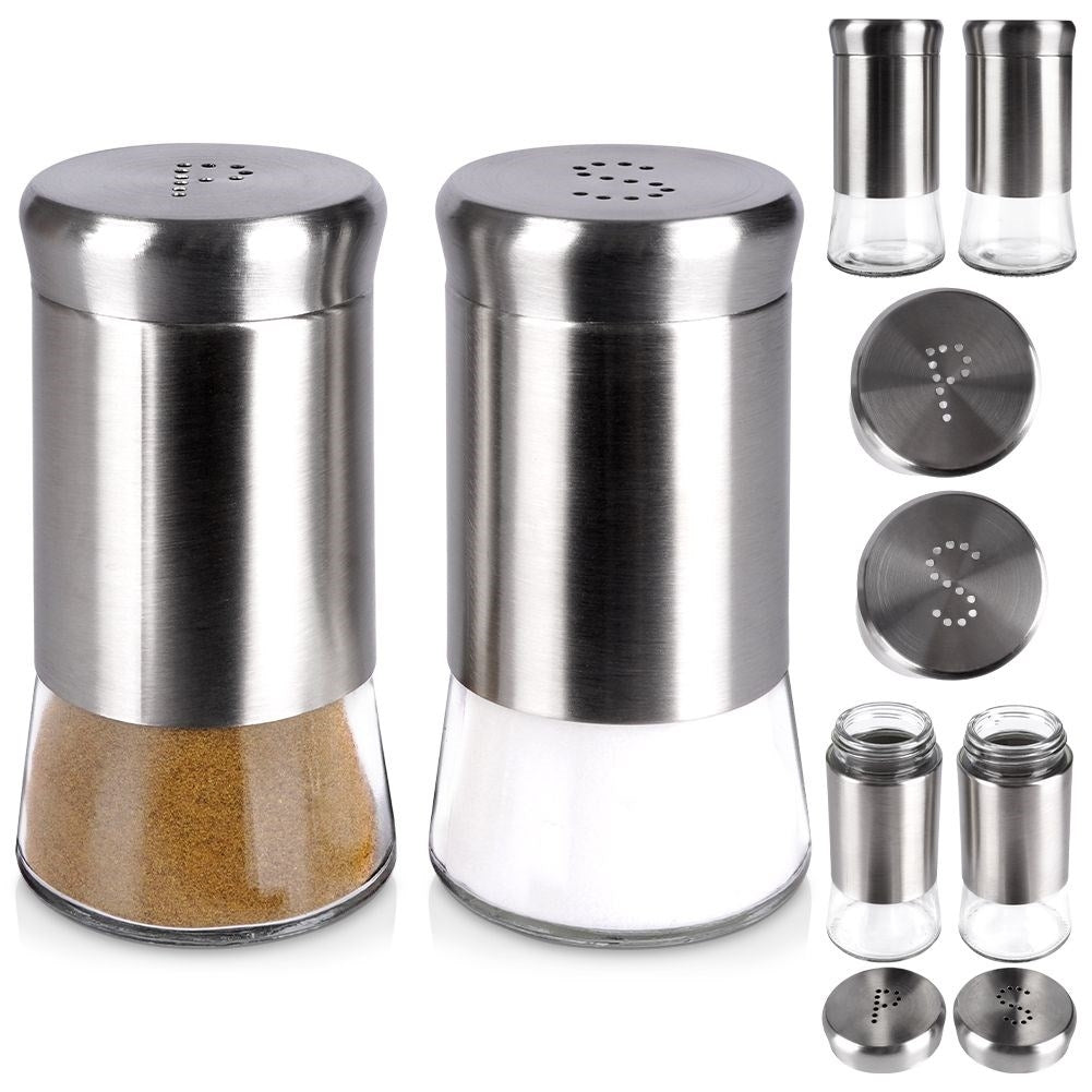 Salt and pepper shaker set in glass and stainless steel