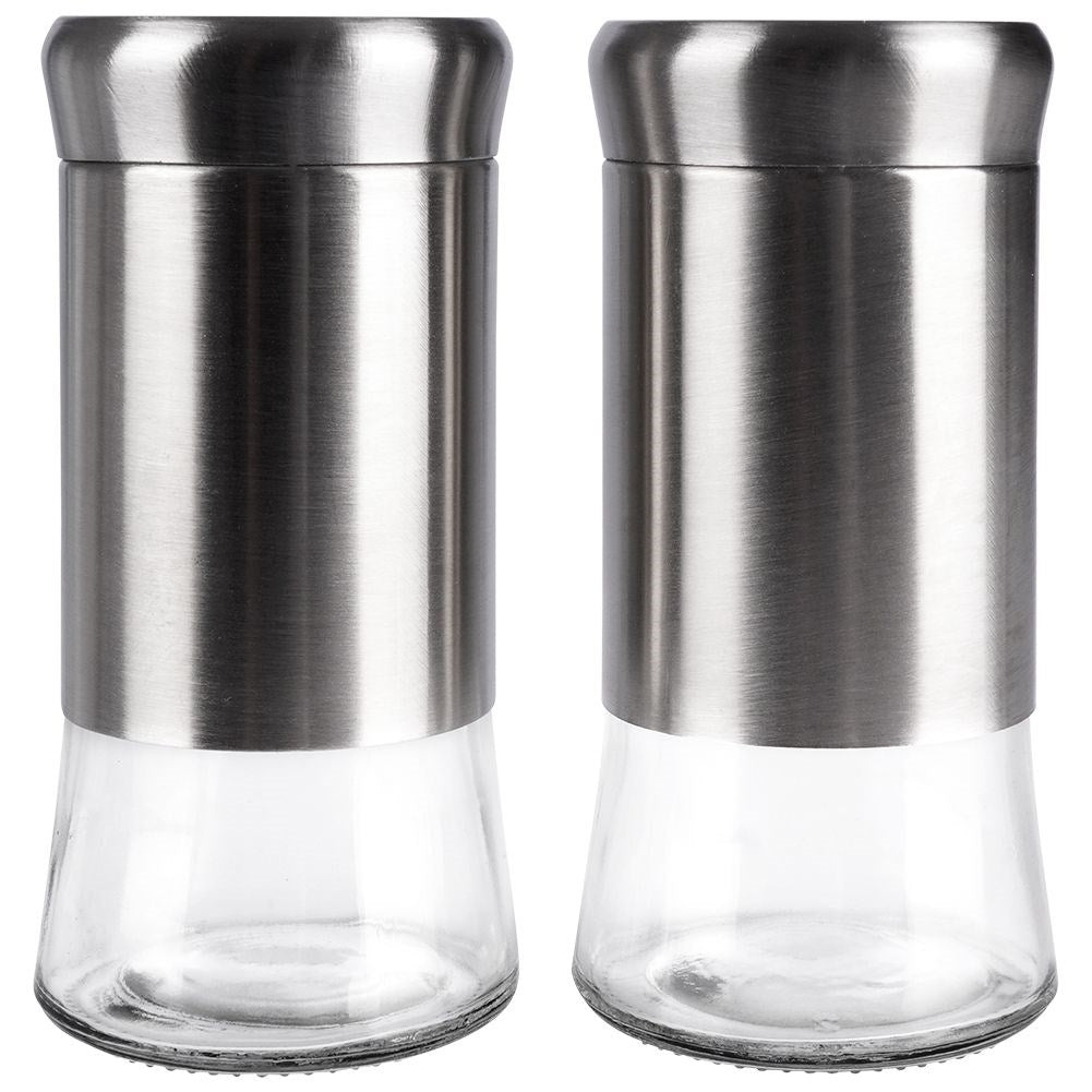 Salt and pepper shaker set in glass and stainless steel