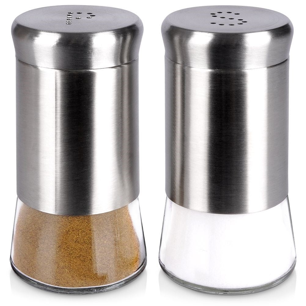 Salt and pepper shaker set in glass and stainless steel