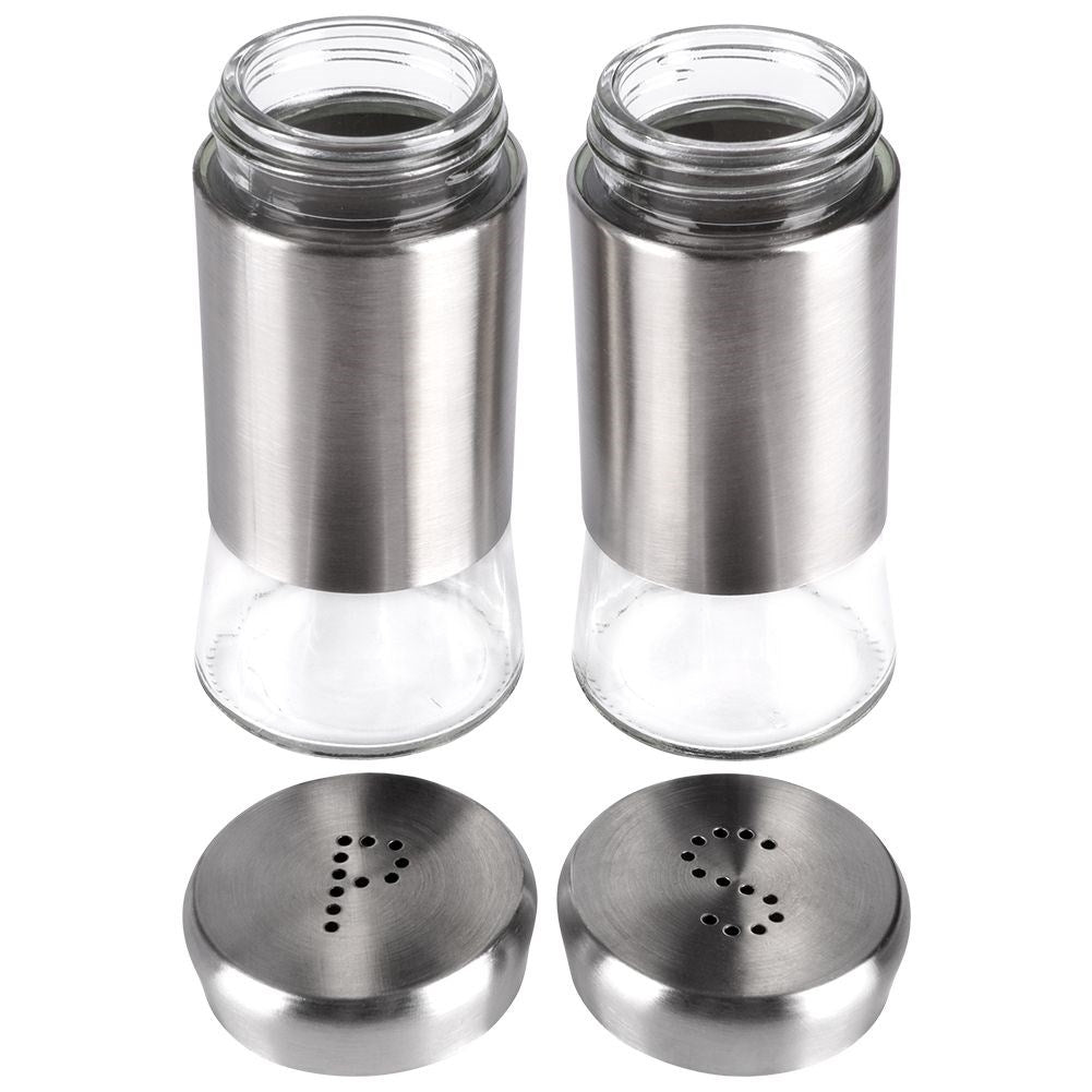 Salt and pepper shaker set in glass and stainless steel