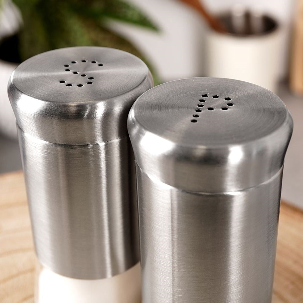 Salt and pepper shaker set in glass and stainless steel
