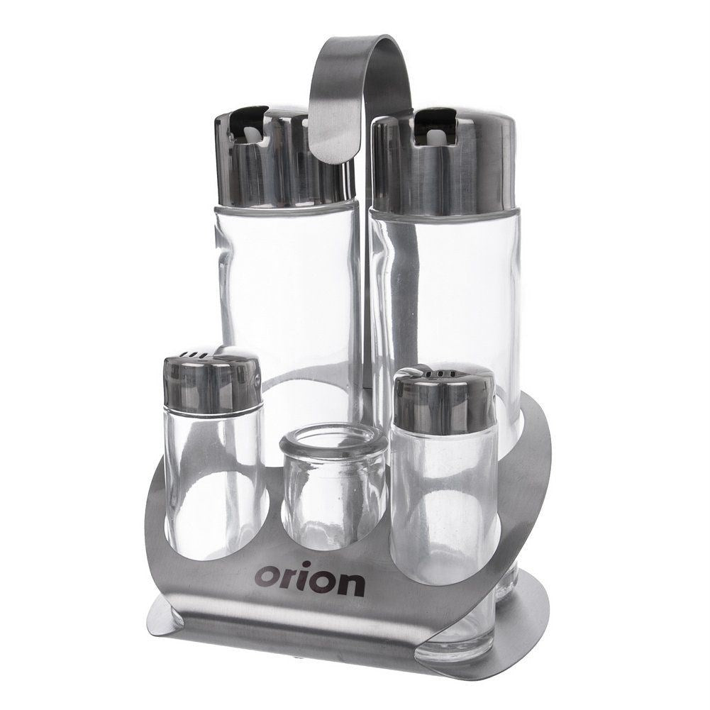 Salt shaker, pepper shaker, oil and vinegar bottles, glass with stand, 5 pieces