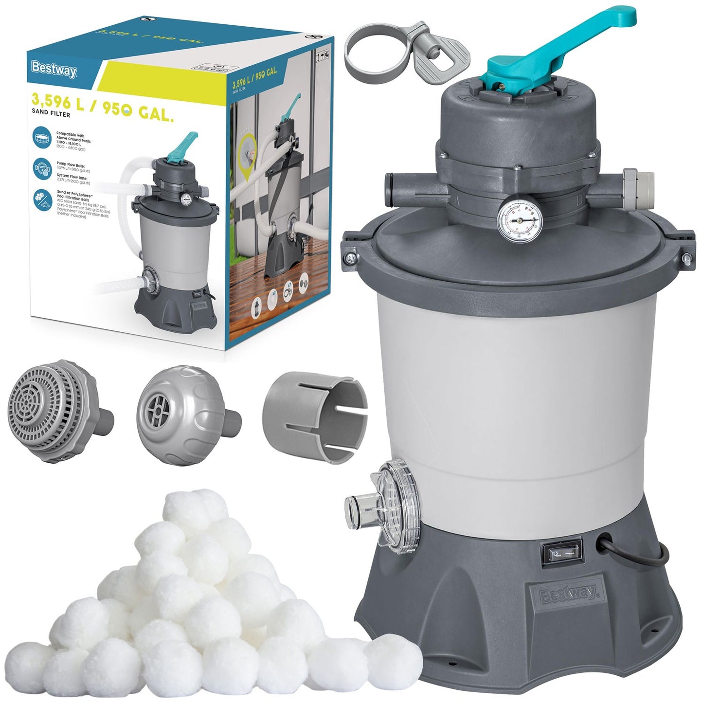 Sand Filter Pump for Pools, 3596 L/h, Includes Filter Balls