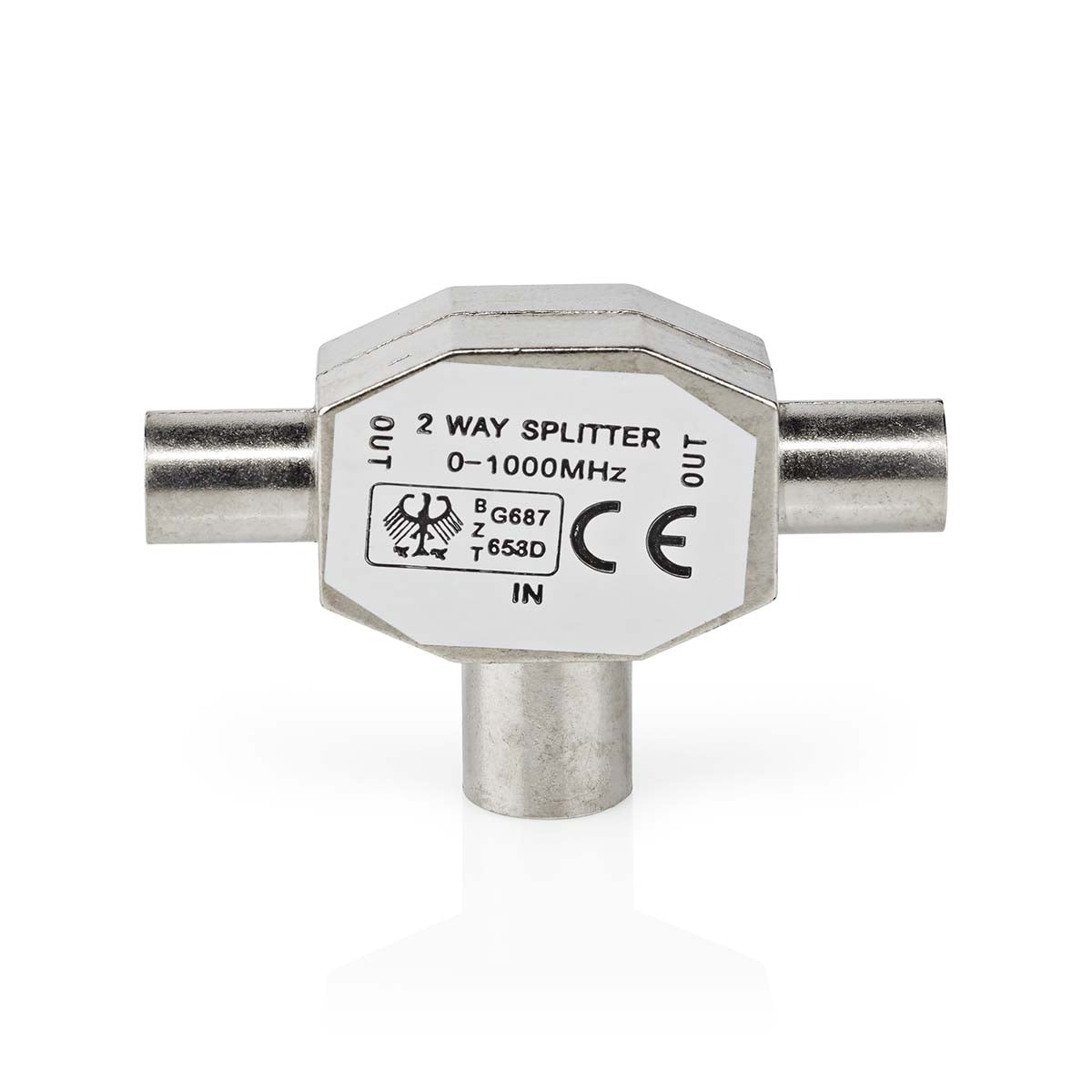 Satellite & Antenna Adapter | 2x Coax Male | IEC (Coax) Female | Nickel Plated | 75 Ohm | T-Splitter | Metal | Silver | 1 pc. | Box