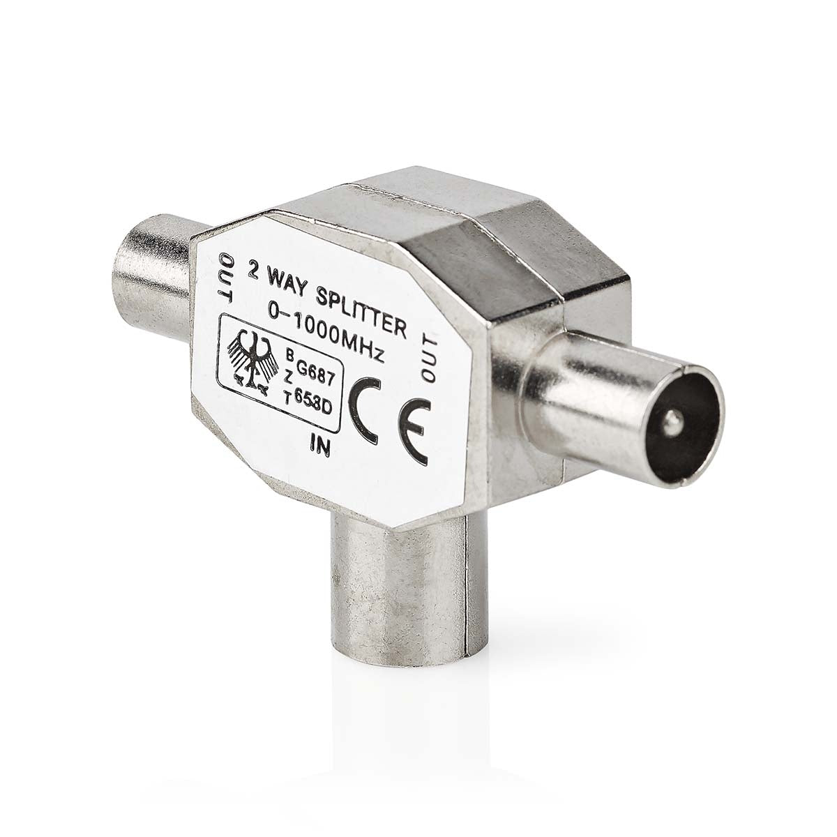 Satellite & Antenna Adapter | 2x Coax Male | IEC (Coax) Female | Nickel Plated | 75 Ohm | T-Splitter | Metal | Silver | 1 pc. | Box
