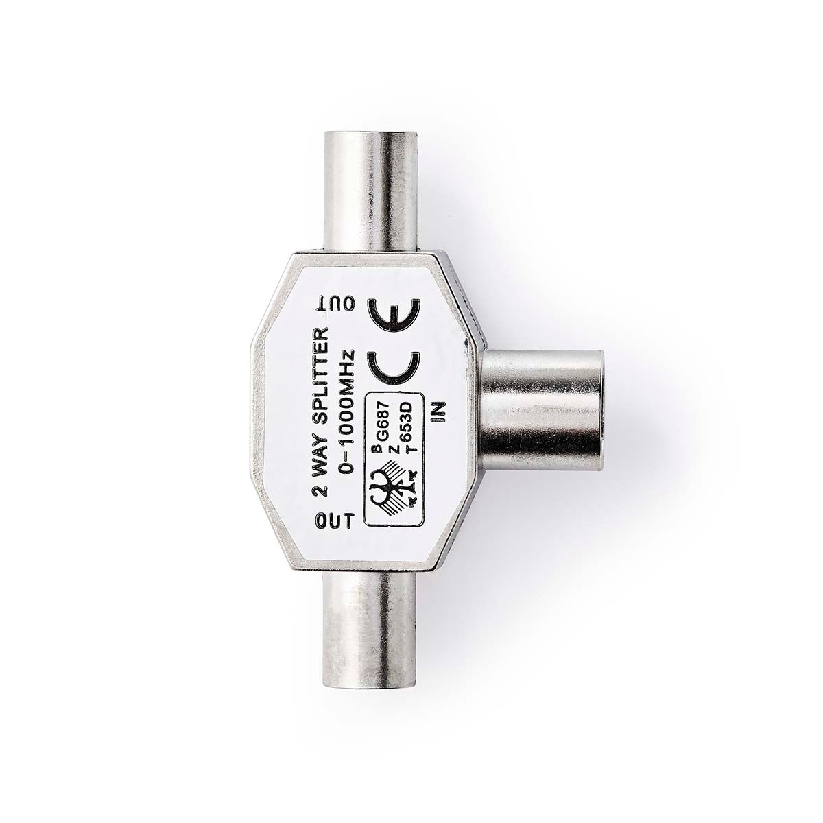 Satellite & Antenna Adapter | 2x Coax Male | IEC (Coax) Female | Nickel Plated | 75 Ohm | T-Splitter | Metal | Silver | 1 pc. | Box