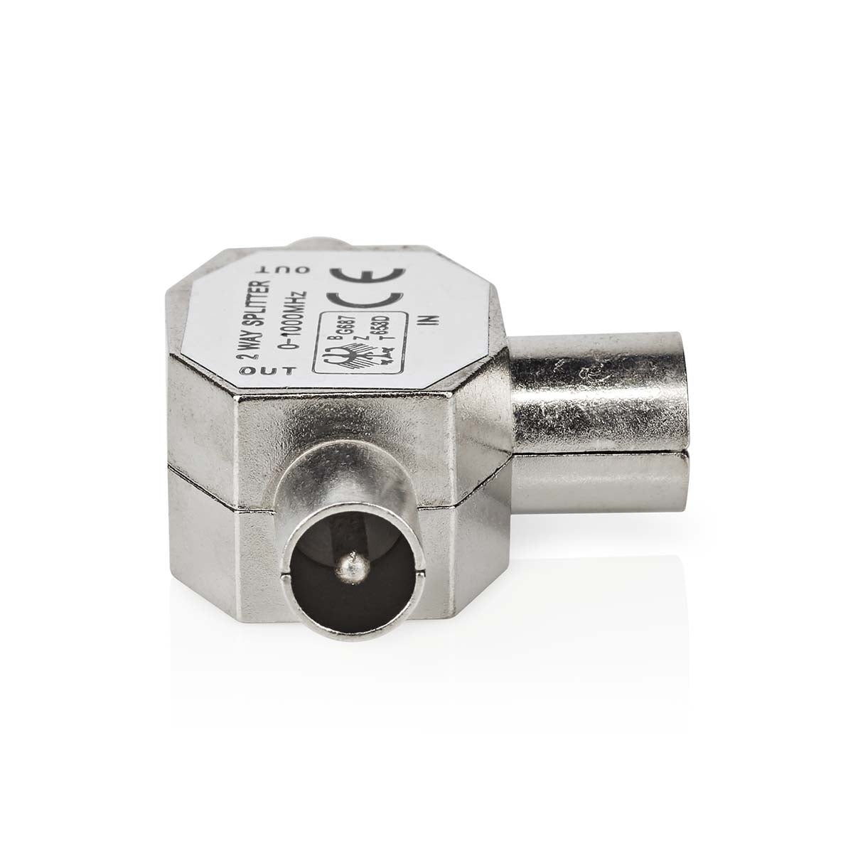 Satellite & Antenna Adapter | 2x Coax Male | IEC (Coax) Female | Nickel Plated | 75 Ohm | T-Splitter | Metal | Silver | 1 pc. | Box