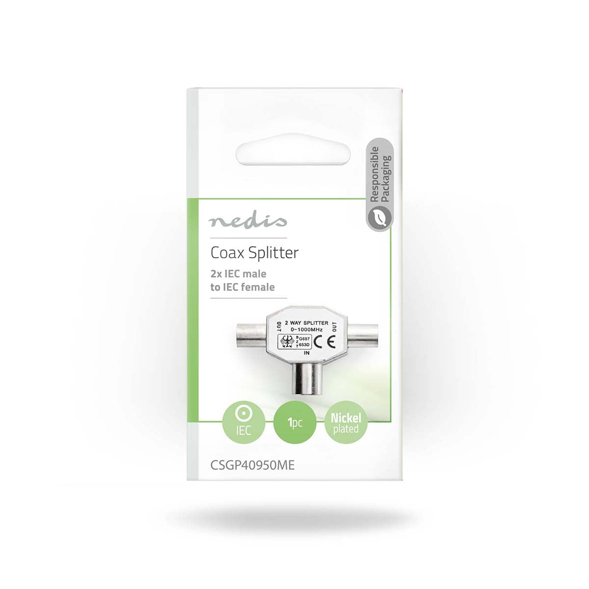 Satellite & Antenna Adapter | 2x Coax Male | IEC (Coax) Female | Nickel Plated | 75 Ohm | T-Splitter | Metal | Silver | 1 pc. | Envelope