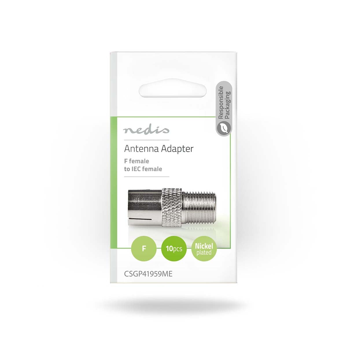 Satellite & Antenna Adapter | F Female | IEC (Coax) Female | Nickel Plated | 75 Ohm | Straight | Metal | Silver | 10 pieces. | Envelope