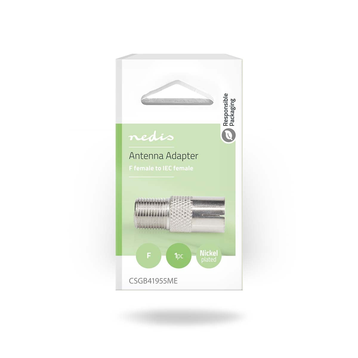 Satellite & Antenna Adapter | F Female | IEC (Coax) Female | Nickel Plated | 75 Ohm | Straight | Metal | Silver | 1 pc. | Box