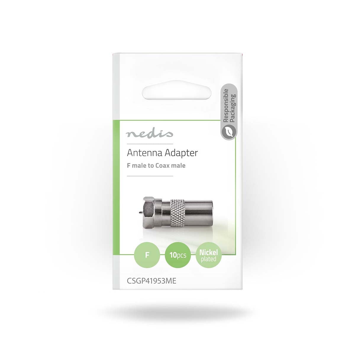 Satellite & Antenna Adapter | F Male | IEC (Coax) Male | Nickel Plated | 75 Ohm | Straight | Metal | Silver | 10 pieces. | Envelope