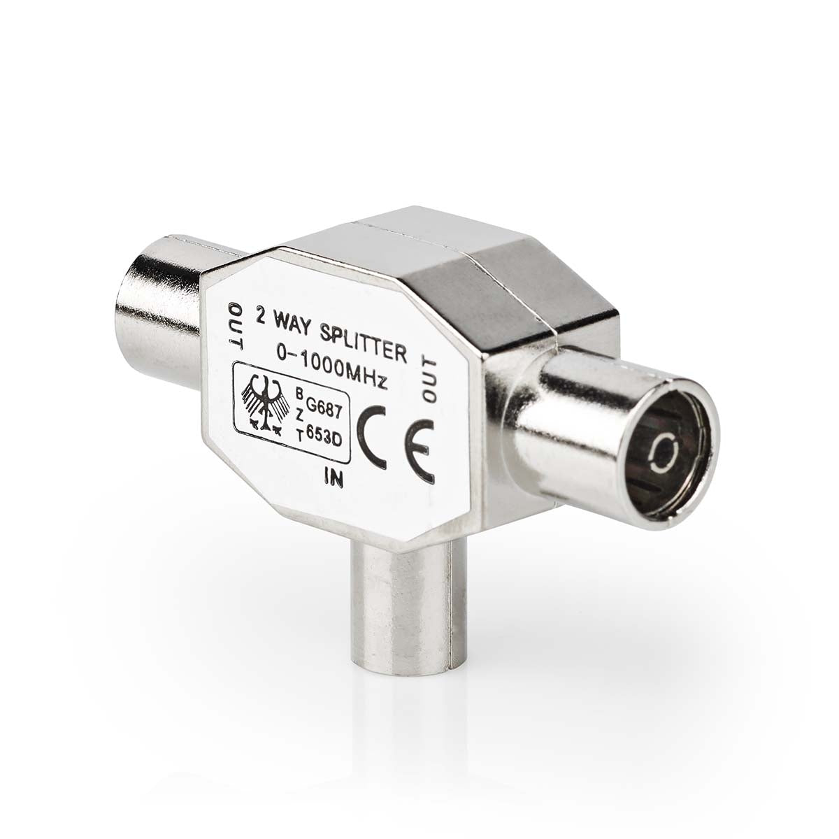 Satellite & Antenna Adapter | IEC (Coax) Male | 2x Coax Female | Nickel Plated | 75 Ohm | T-Splitter | Metal | Silver | 1 pc. | Box
