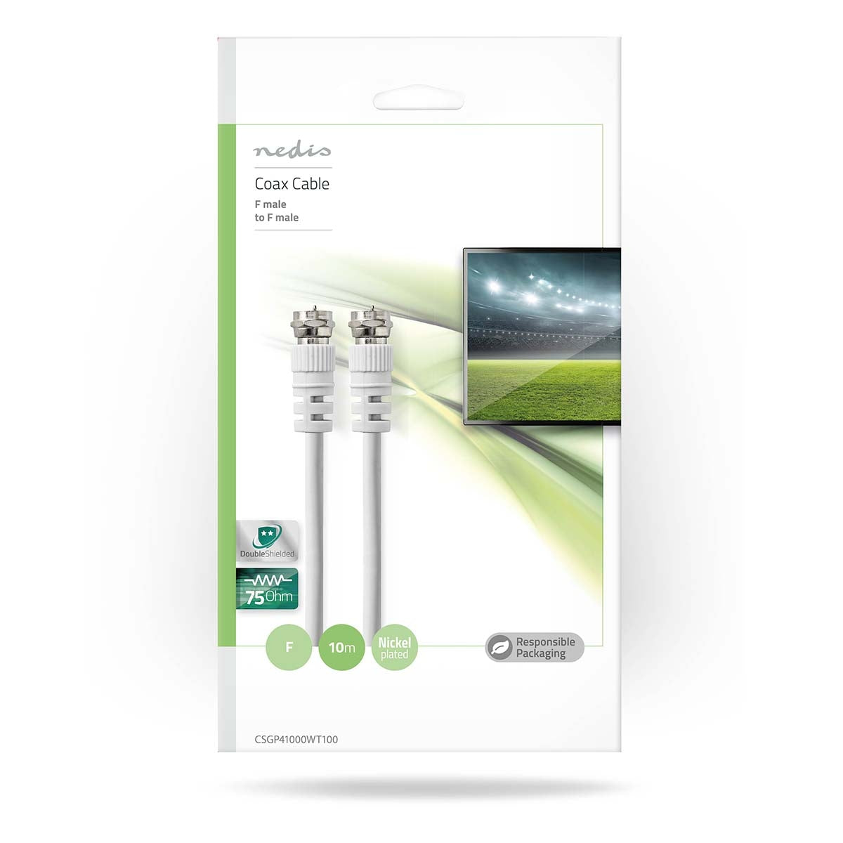 Satellite & Antenna cable | F Male | F Male | Nickel Plated | 75 Ohm | Double Shielded | 10.0 m | Round | PVC | White | Plastic bag
