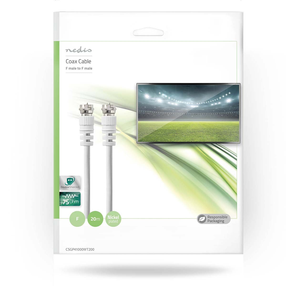 Satellite & Antenna cable | F Male | F Male | Nickel Plated | 75 Ohm | Double Shielded | 20.0 m | Round | PVC | White | Envelope