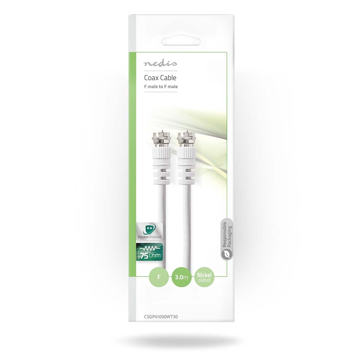 Satellite & Antenna cable | F Male | F Male | Nickel Plated | 75 Ohm | Double Shielded | 3.00 m | Round | PVC | White | Envelope
