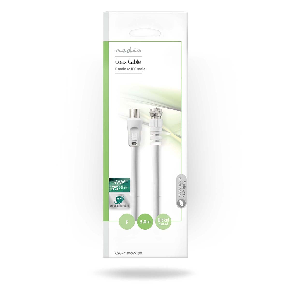 Satellite & Antenna cable | F Male | IEC (Coax) Male | Nickel Plated | 30dB| 75 Ohm | Double Shielded | 3.00 m | Round | PVC | White | Plastic bag