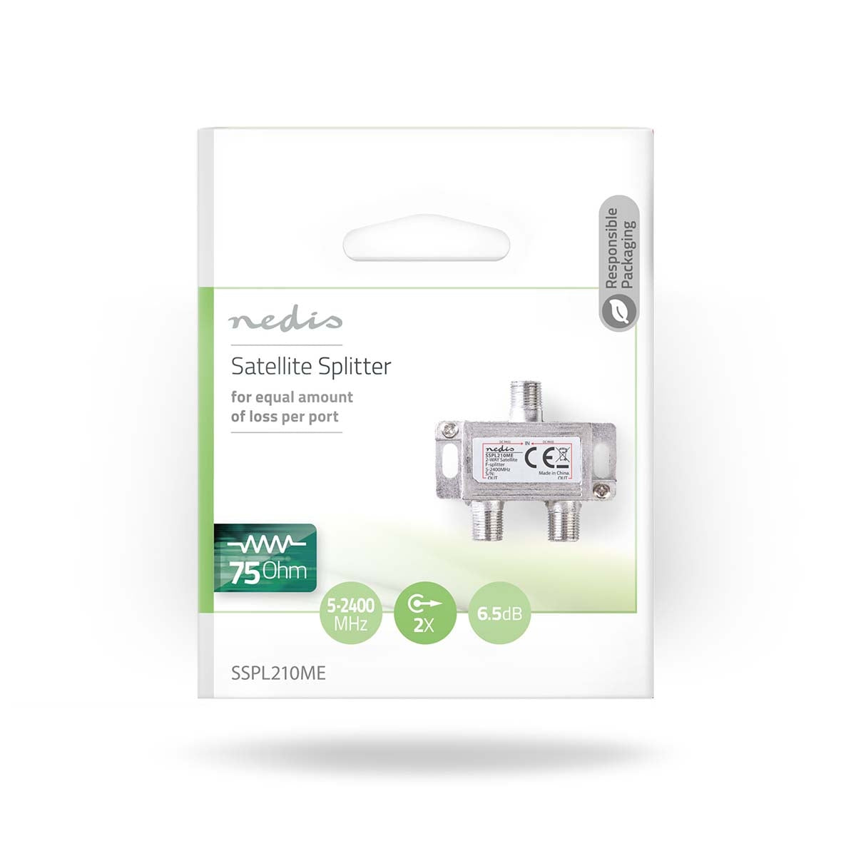 Satellite Splitter | 5 - 2400 MHz | 6.5 dB| Number of inputs: 1 | Number of outputs: 2 | Impedance: 75 Ohm | Zinc | Silver