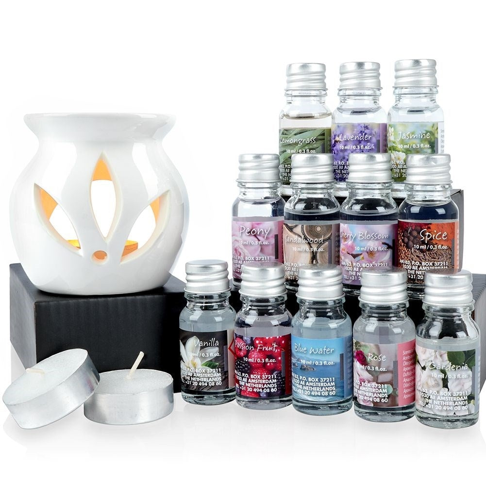 Scent diffuser in white ceramic with 12 scents and tealight candle