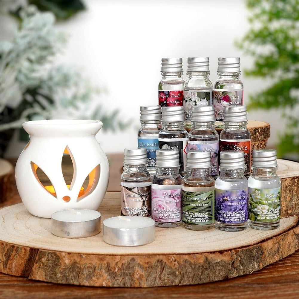 Scent diffuser in white ceramic with 12 scents and tealight candle