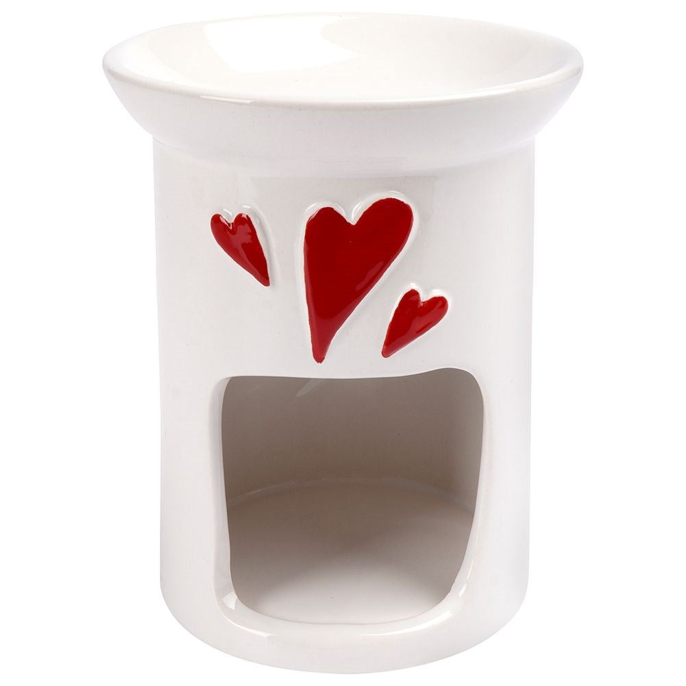 Scent diffuser in white ceramic with red hearts for wax and oils