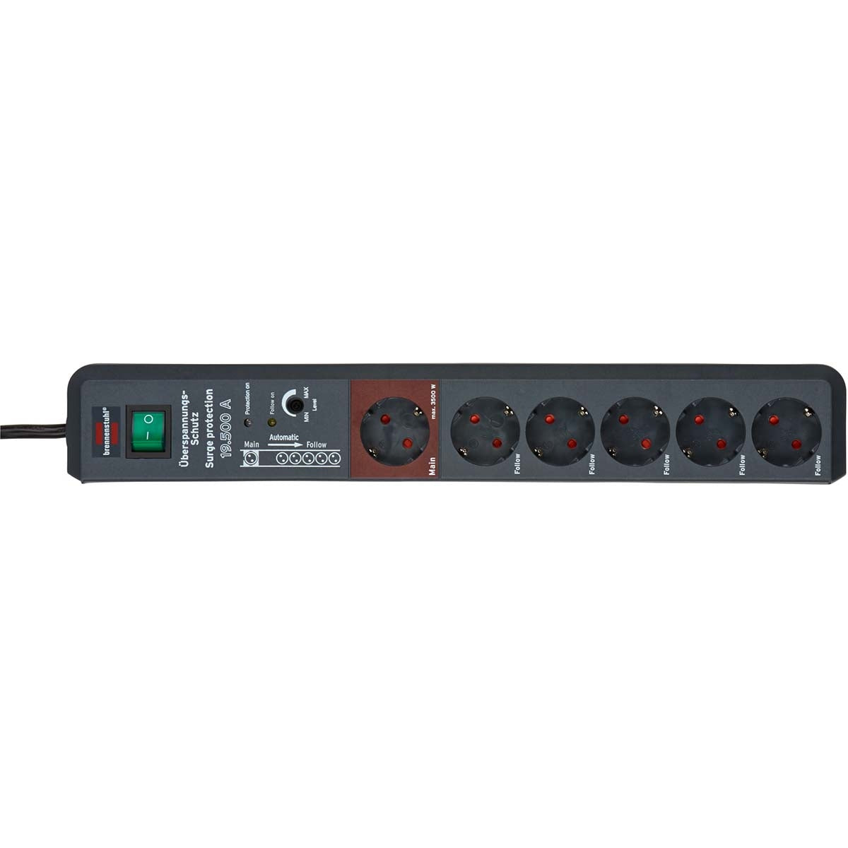 Secure-Tec, 6-way branch socket with surge protection and Main-Follow function (3m cable and switch) TYPE F