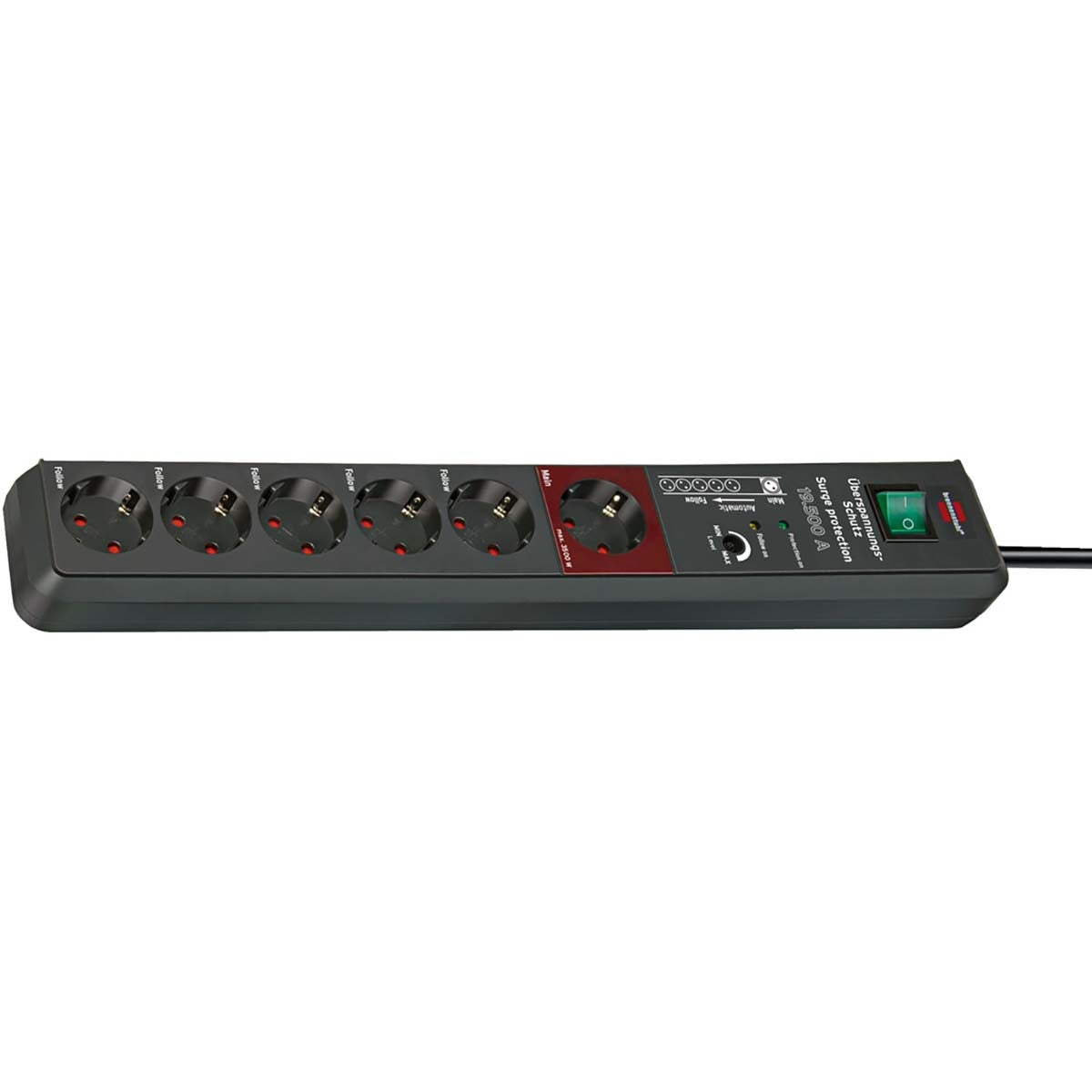 Secure-Tec, 6-way branch socket with surge protection and Main-Follow function (3m cable and switch) TYPE F