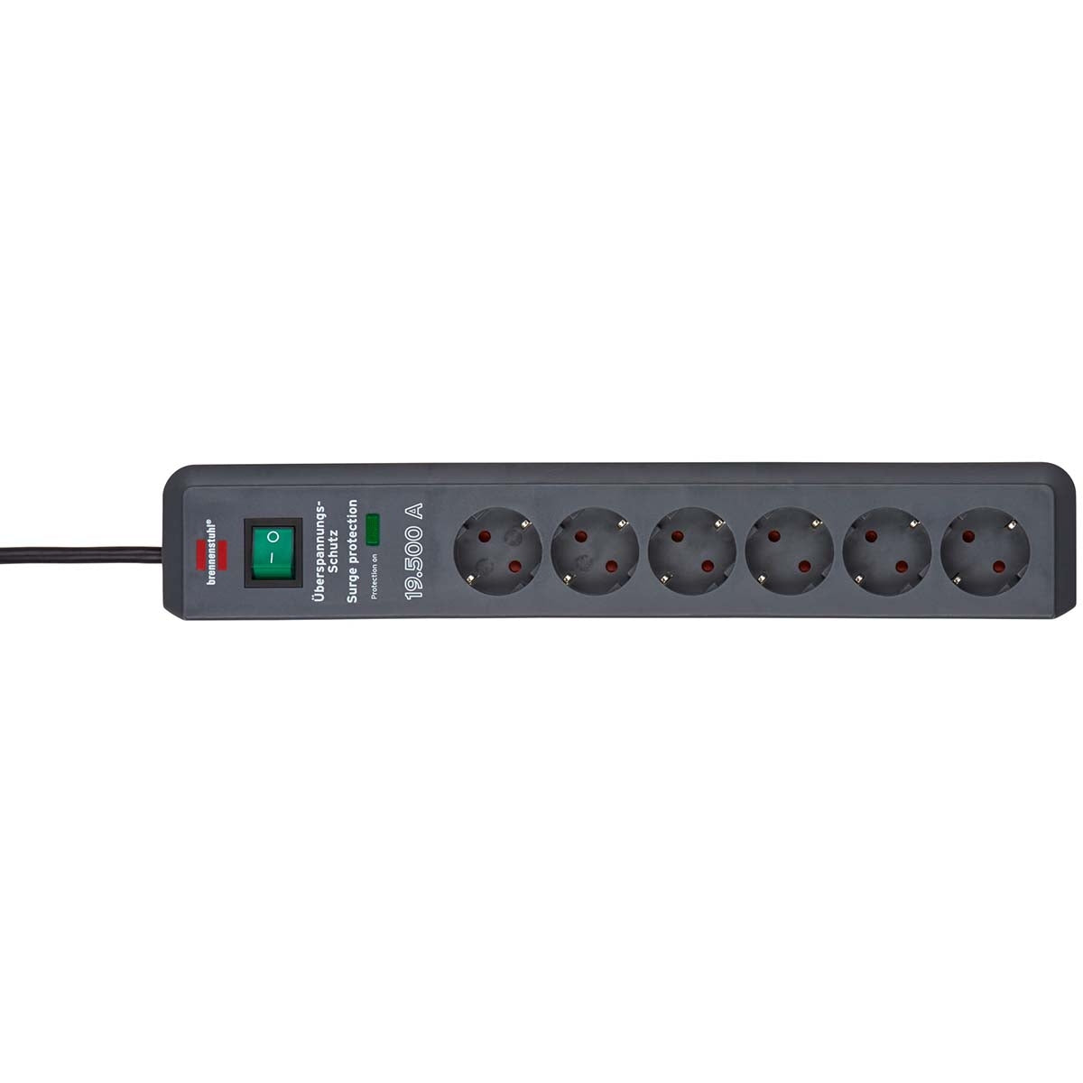 Secure-Tec socket strip 6-way with surge protection (socket strip with 2m cable and switch, Made in Germany) gray