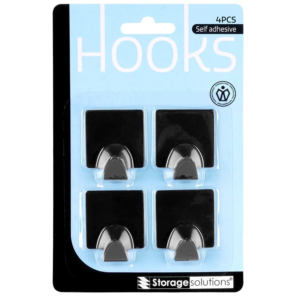 Self-adhesive black hooks in matt stainless steel, 4-pack